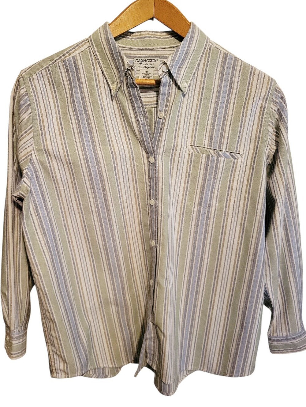 Cabin Creek Shirt Womens L (14P) Blue Green Striped Button Up‎ Long Sleeve